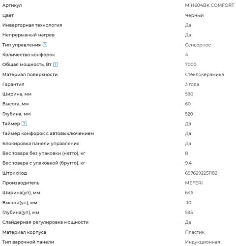 Индукционная варочная панель Meferi (Мефери) MIH604BK COMFORT