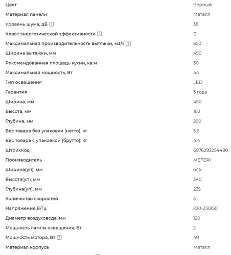 Встраиваемая вытяжка Meferi (Мефери) INBOX45BK LIGHT