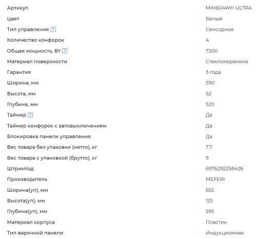 Индукционная варочная панель Meferi (Мефери) MIH604WH ULTRA