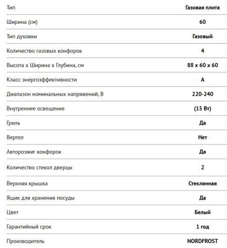 Газовая плита NORDFROST (Нордфрост) GG 6062 W