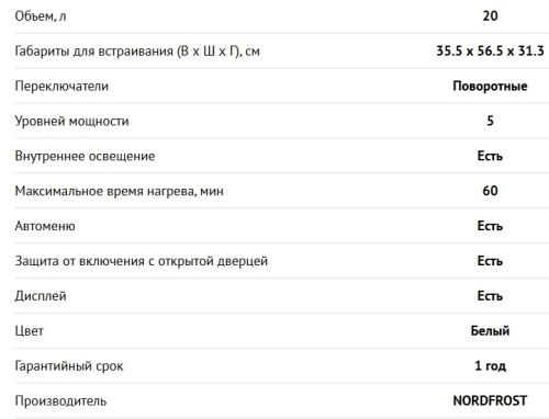 Встраиваемая микроволновая печь NORDFROST (Нордфрост) BMW 2071 W