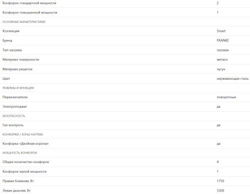 Газовая варочная панель Franke (Франке) FHSM 604 3G DC XS C