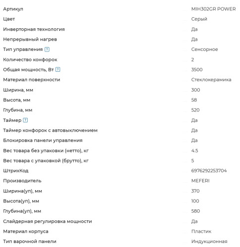 Индукционная варочная панель Meferi (Мефери) MIH302GR POWER