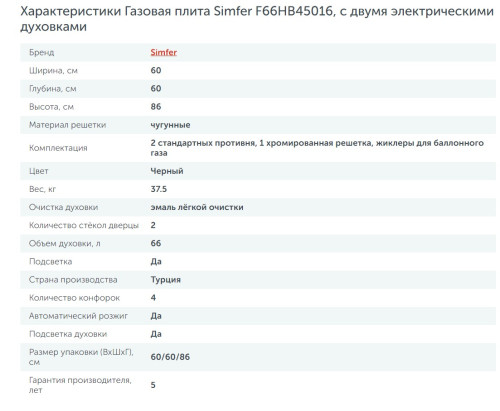 Комбинированная плита Simfer (Симфер) F66HB45016