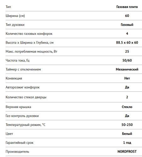 Газовая плита NORDFROST (Нордфрост) GG 6064 W