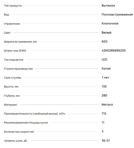 Встраиваемая вытяжка Krona (Крона) SELINA 600 white PB