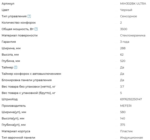 Индукционная варочная панель Meferi (Мефери) MIH302BK ULTRA