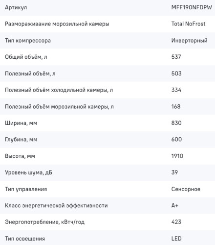 Холодильник MAUNFELD (Маунфилд) MFF190NFDPW