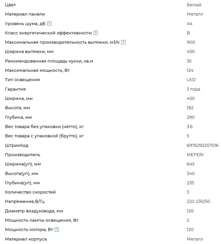 Встраиваемая вытяжка Meferi (Мефери) INBOX45WH POWER