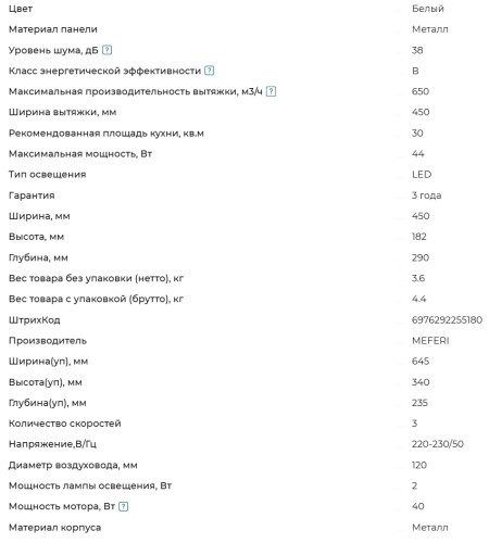 Встраиваемая вытяжка Meferi (Мефери) INBOX45WH LIGHT