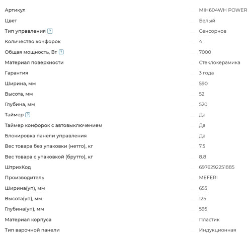Индукционная варочная панель Meferi (Мефери) MIH604WH POWER